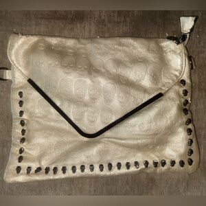 Metallic Cream Envelope Clutch with Stud Trim